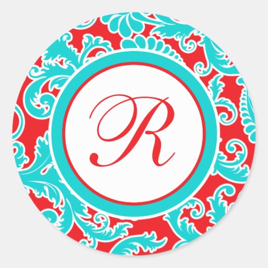 1,5" Ronde Blauw Rood Wit Damask Monogram Sticker (Voorkant)