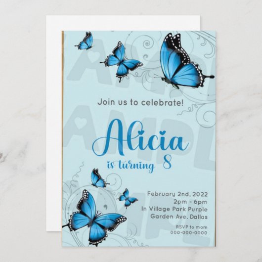 1 Beurre bleu JPEG NUMÉRIQUE Invitations d'anniver (Devant / Derrière)