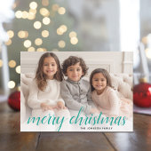 1 Blauwgroen Damask Photo Merry Kerstscript Feestdagenkaart