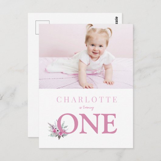 1 bloemige 1e verjaardag uitnodiging draaien (Voorkant / Achterkant)