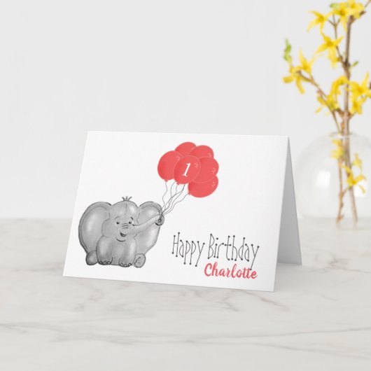 1 e verjaardag olifant & roze ballonmeisje kaart (Gele Bloem)