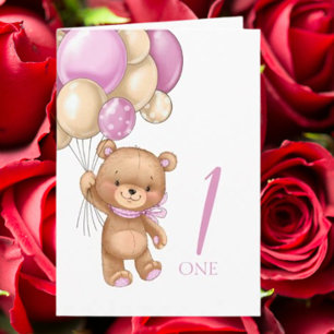 1 e verjaardag schattige roze ballonnen teddycard kaart