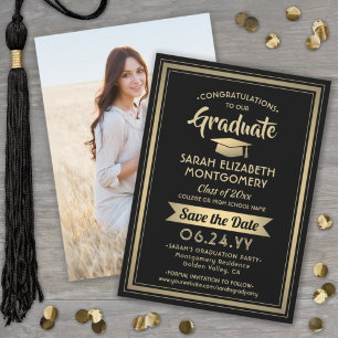 1 Foto Afstuderen Elegant Modern Black en Gold Save The Date