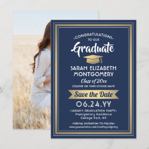 1 Foto Afstuderen Elegant Navy Blue White & Gold Save The Date