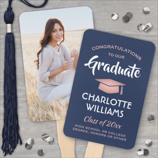 1 Foto Afstuderen Navy Blue en Roze Rose Gold Handwaaier