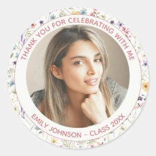 1 foto chique off-white bloemen afstudeerfeest ronde sticker