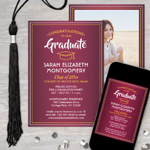 1 Foto Elegant Maroon Red Gold Yellow Afstuderen Kaart
