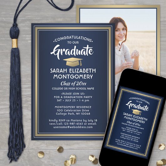1 Foto Elegant Navy Blue Gold & White Afstuderen Kaart