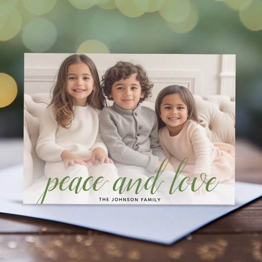 1 Foto met kerstscript Green Damask Peace Feestdagenkaart