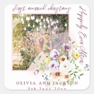 1 Foto Nieuwgetrouwden 1e Kerstmis Roze Tekst Vierkante Sticker
