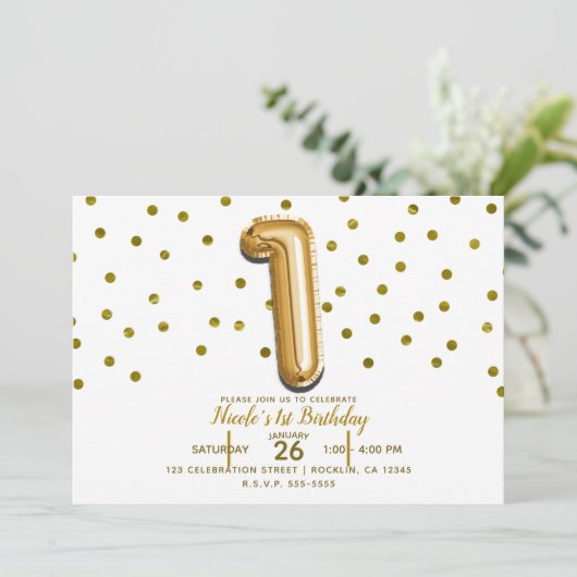 1 gouden ballon en Confetti 1e verjaardagsfeest Kaart (Staand voorkant)