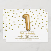 1 gouden ballon en Confetti 1e verjaardagsfeest Kaart (Voorkant / Achterkant)