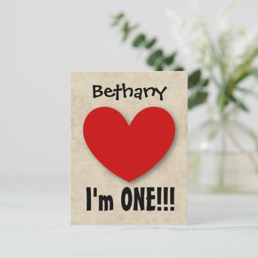 1 jaar 1e verjaardag Big Red Heart A07E Aankondigingskaart (Staand voorkant)