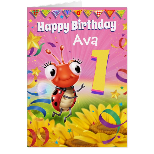 1 jaar Aangepaste verjaardagskaart Little Ladybug  (Voorkant)