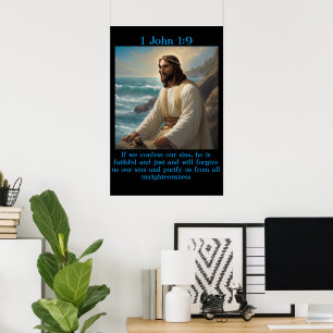 1 John 1:9 met een oude boot in de kalme oceaan Poster