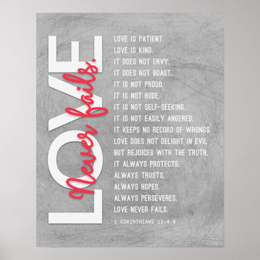 1 Korintiërs 13:4-8 Bijbelvers, grijs bekrast Poster (Voorkant)