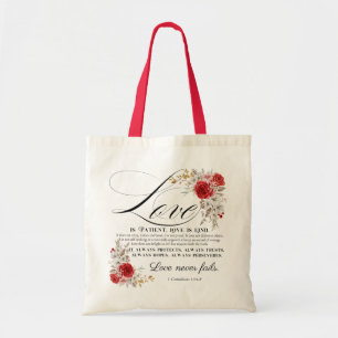 1 Korintiërs 13:4-8 Liefde is geduldige Bijbelse B Tote Bag
