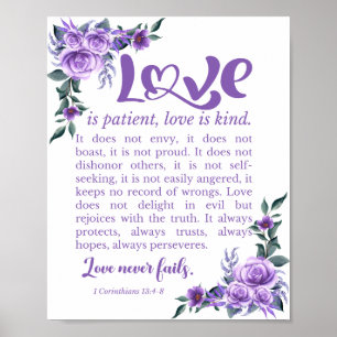 1 Korintiërs 13:4-8 Liefde is geduldige Paarse Blo Poster