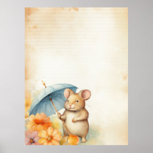 1 Muis met blauwe paraplu oranje roze bloemen Poster