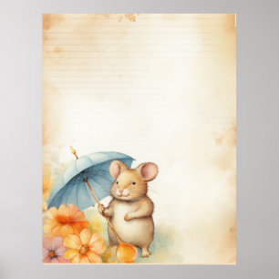 1 Muis met blauwe paraplu sinaasappel roze bloemet Poster