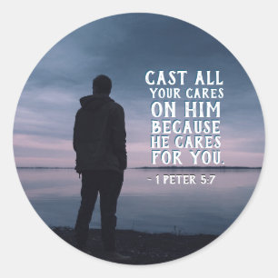 1 Peter 5:7 Verspreid al je zorgen over zijn Bijbe Ronde Sticker