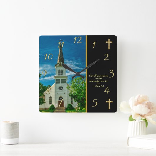 1 Peter 5:7 White Church Vierkante Klok (Huis)