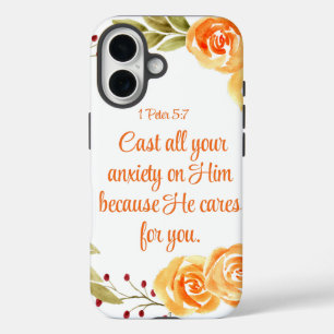 1 Petrus 5:7 Oranje Bloemgeschriften iPhone 16 Hoesje
