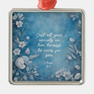 1 Petrus 5:7 “Werp Al Uw Zorgen” Blauwe Bloemen Metalen Ornament