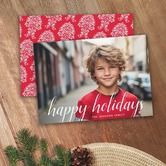 1 Photo-kerstscript White Damask Happy Feestdagenkaart