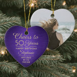 1 Photo N'IMPORTE QUEL Anniversaire Brossé Purple<br><div class="desc">Bonjour et Joyeux anniversaire ! Célébrez un joyeux anniversaire d'étape avec un ornement en céramique violet et or en forme de coeur photo personnalisé. Tout le libellé de ce modèle (y compris "Cheers to 50 Years") est mis en place pour un 50ème anniversaire, mais est simple à personnaliser pour n'importe...</div>