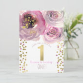 1e 1 Verjaardagsfeest Roze & Goud Moderne Bloemen Kaart (Staand voorkant)