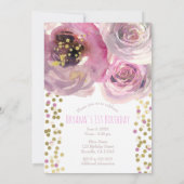1e 1 Verjaardagsfeest Roze & Goud Moderne Bloemen Kaart (Achterkant)