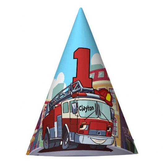 1e Birthday Fire Truck Feesthoedjes (Voorkant)
