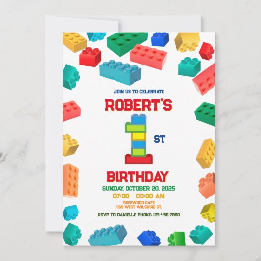 1e bouwstenen verjaardag uitnodiging, blokken kaart (Voorkant)