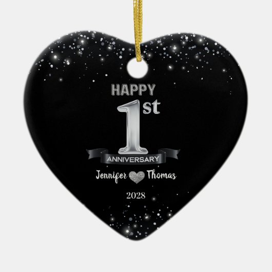 1e bruiloft Jubileum Glitter Silver Custom Keramisch Ornament (Voorkant)