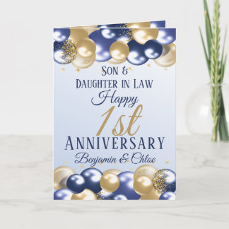 1e bruiloft Jubileum Zoon Dochter Navy Gold Kaart