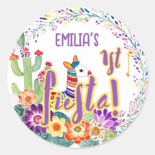 1e Fiesta Verjaardag voor Meisje Folkart Bloemen F Ronde Sticker