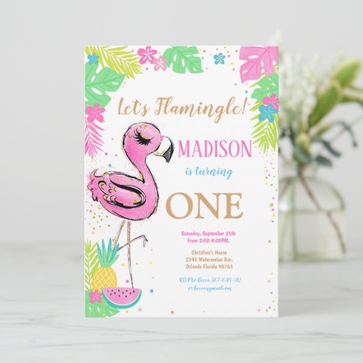 1e Flamingo Verjaardag uitnodiging (Staand voorkant)
