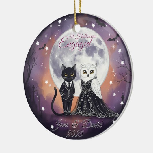 1e Halloween verloofde kat uil met naam Keramisch Ornament (Links)