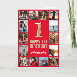 1e Happy Birthday Red en Gold Photo Collage Kaart