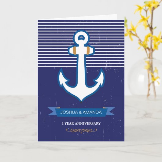 1e huwelijksverjaardag, aangepaste naam, marinebla kaart (Gele Bloem)