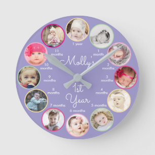 1e Jaar van Foto's Meisje Paarse Kinderkamer Ronde Klok