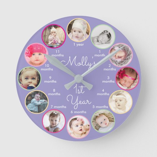 1e Jaar van Foto's Meisje Paarse Kinderkamer Ronde Klok (Voorkant)
