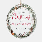 1e kerst als grootouders Bloemenkrans Foto Keramisch Ornament (Links)