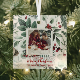1e kerst familie 2-foto waterverf hulst glas ornament