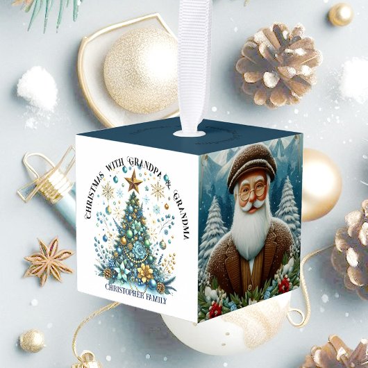 1e kerst Opa Oma 4 Foto Familienaam Kubus Ornament