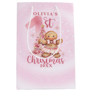 1e Kerst Roze Gingerbread Meisje met Boom Medium Cadeauzakje