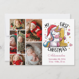 1e kerstfeest baby 6 foto Roze gouden eenhoorn Feestdagenkaart