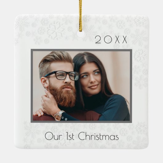 1e kerstfoto als koppel keramisch ornament (Achterkant)