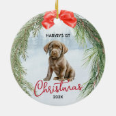 1e Kerstkrans Bruin Labrador Retriever Keramisch Ornament (Achterkant)